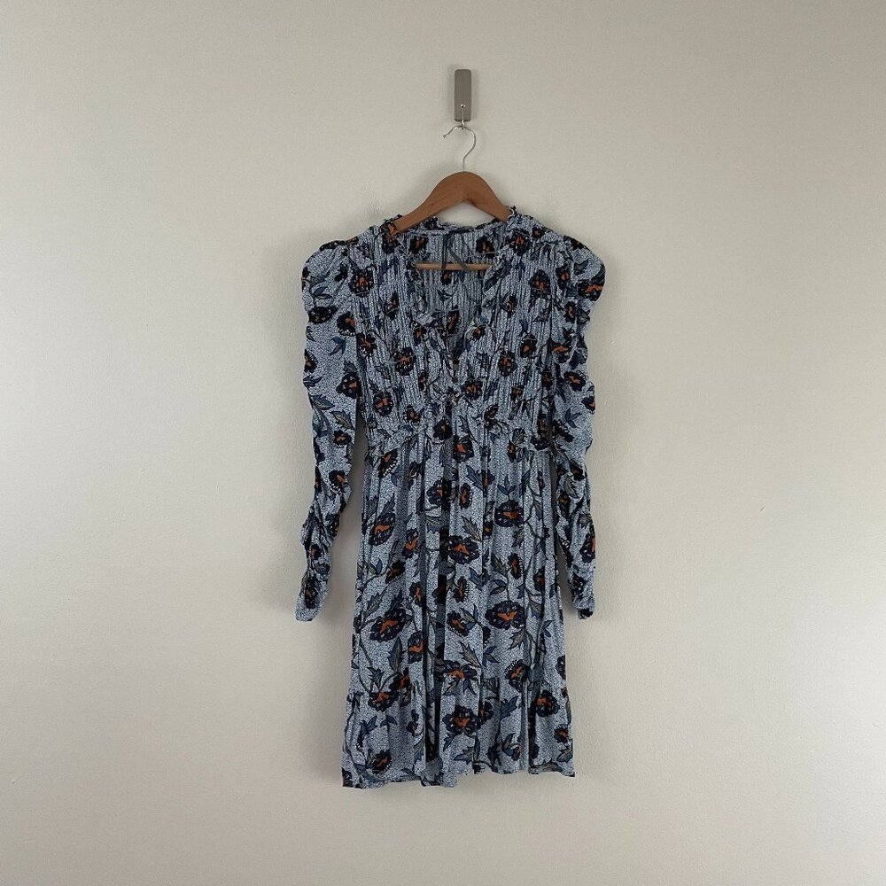 Anthropologie Floral Long Sleeve V Neck Ruched Mini Dress Size XS